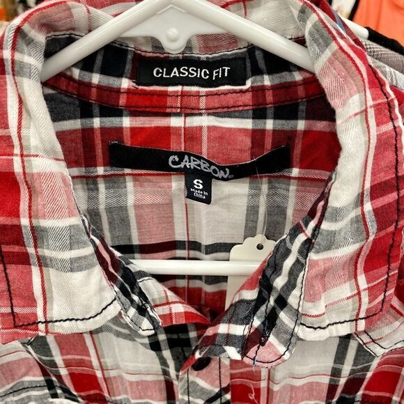 Sm Carbon red black white plaid button up - Picture 2 of 3